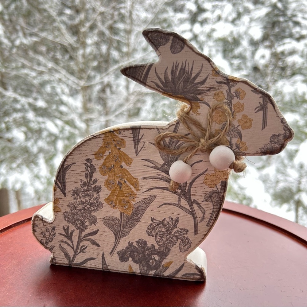 Wooden Bunny Decor Handcrafted Botanical Floral Cottagecore Easter Spring